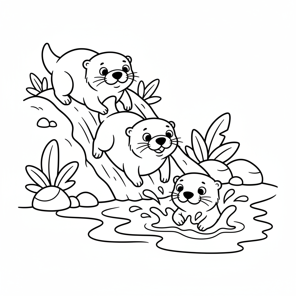 Free printable coloring page featuring a family of playful otters sliding down a muddy riverbank into a calm, sun-dappled stream filled with lily pads, perfect for kids.