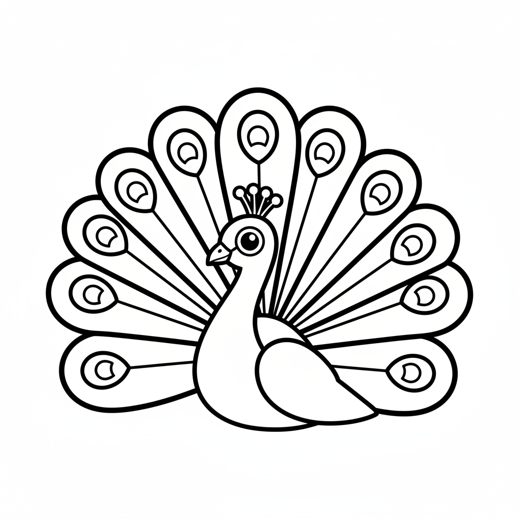A vibrant peacock displaying its magnificent tail feathers in a lush botanical garden with exotic flowers and delicate butterflies, perfect for a free printable coloring page.