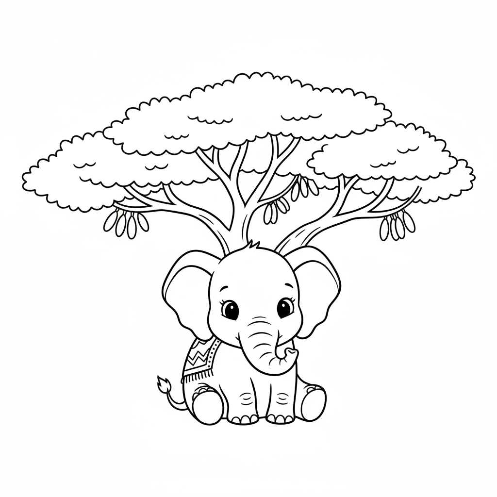 A free printable coloring page showing a wise old elephant standing peacefully under a grand acacia tree in a savanna at sunset, with distant animal silhouettes.