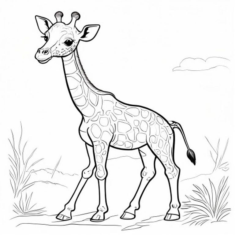 Free printable coloring page featuring a cute baby giraffe walking across the savanna with simple background elements, perfect for young children.