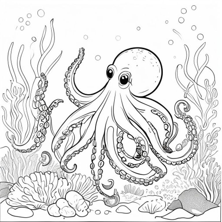 A free printable coloring page showing a curious octopus with eight arms peeking out from a vibrant coral reef, surrounded by various types of coral and small fish, perfect for kids to color.