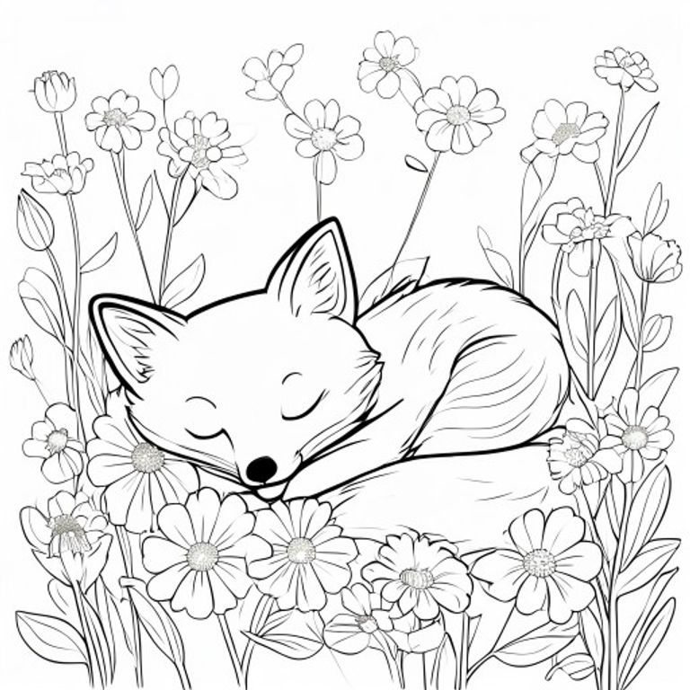 Free printable coloring page featuring a cute red fox peacefully sleeping curled up among a bed of colorful wildflowers and daisies.