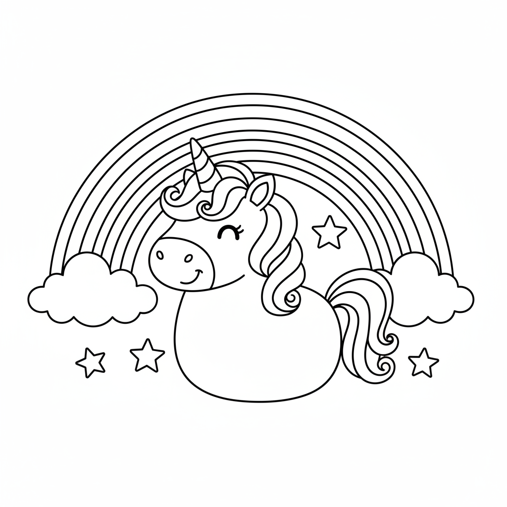 Free printable cute unicorn standing under a rainbow coloring page for kids with bold outlines