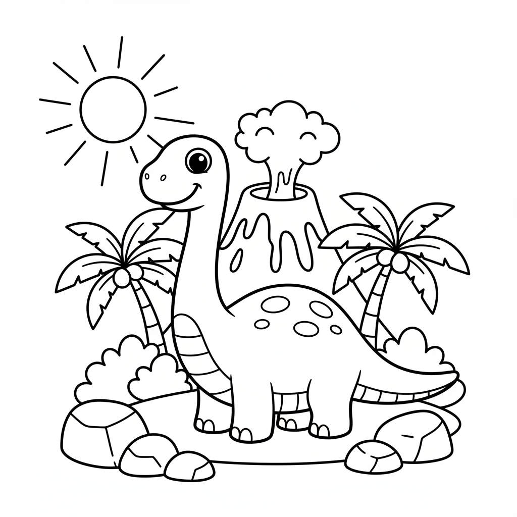Free printable friendly cartoon T-Rex dinosaur standing near a volcano coloring page for kids
