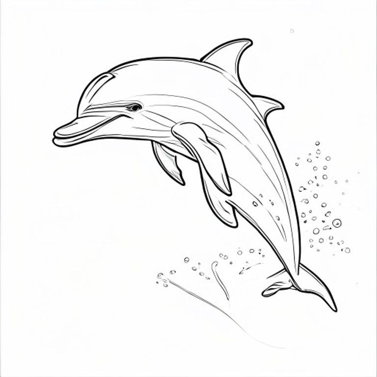 A cheerful, simple illustration of a dolphin jumping high out of the ocean waves, perfect for a free printable kids' coloring page.