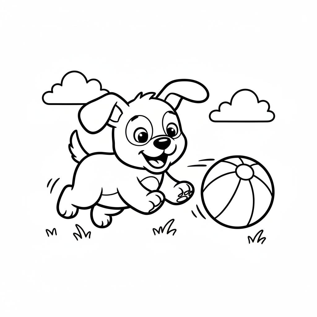 A free printable coloring page featuring a happy puppy in mid-air, joyfully chasing a bouncy ball, perfect for kids who love animals.