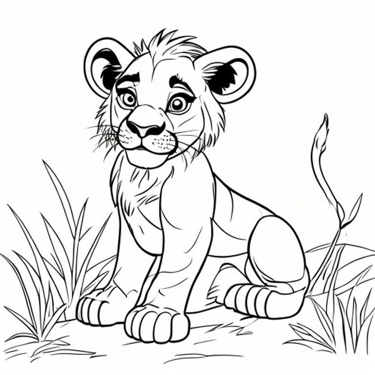 An adorable free printable coloring page featuring a playful lion cub in a savanna landscape, perfect for young artists and wildlife enthusiasts.