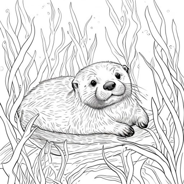 An adorable free printable sea otter floating happily in a bed of kelp forest, designed as a coloring page for kids.