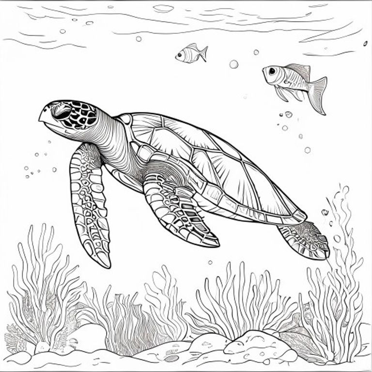 A free printable coloring page featuring a happy sea turtle swimming gracefully alongside two friendly fish in the ocean, perfect for kids to color.