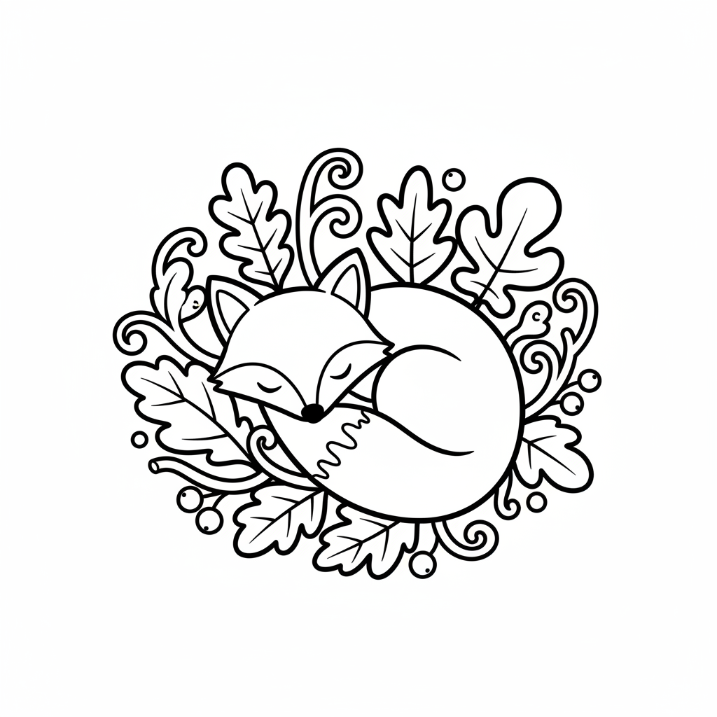 A free printable coloring page showing a peaceful sleeping fox curled up amongst autumn forest leaves, designed for kids.