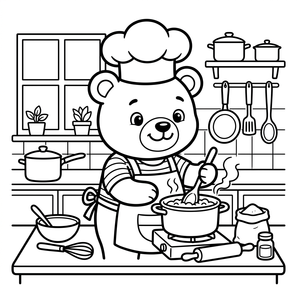 Bear Chef Cooking coloring page for kids