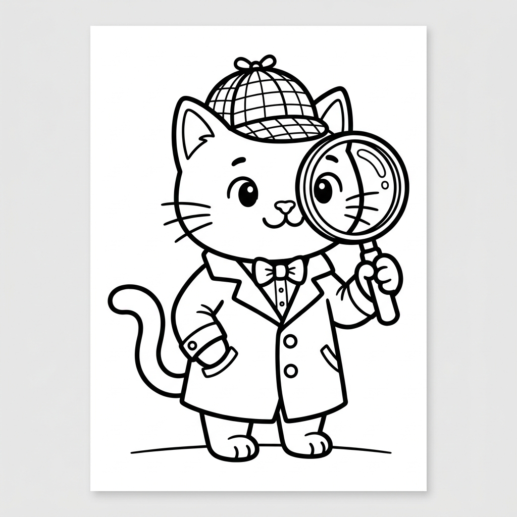 Cat Detective Magnifier coloring page for kids