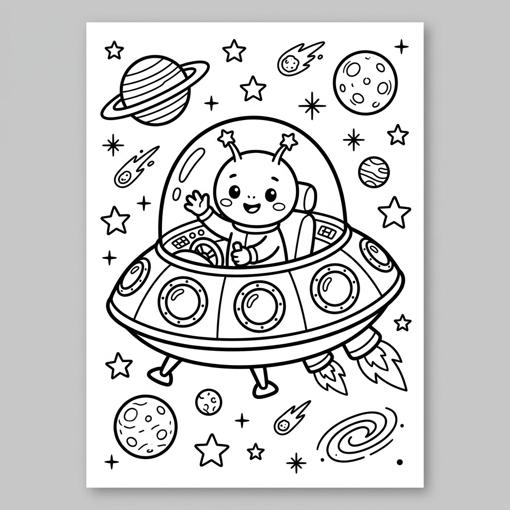 Cute Alien Spaceship coloring page for kids