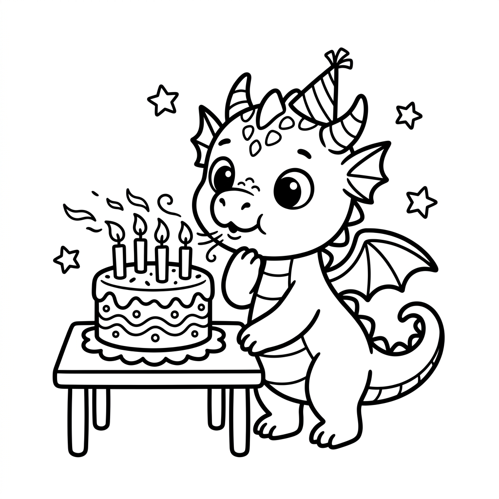 Dragon Birthday Cake coloring page for kids