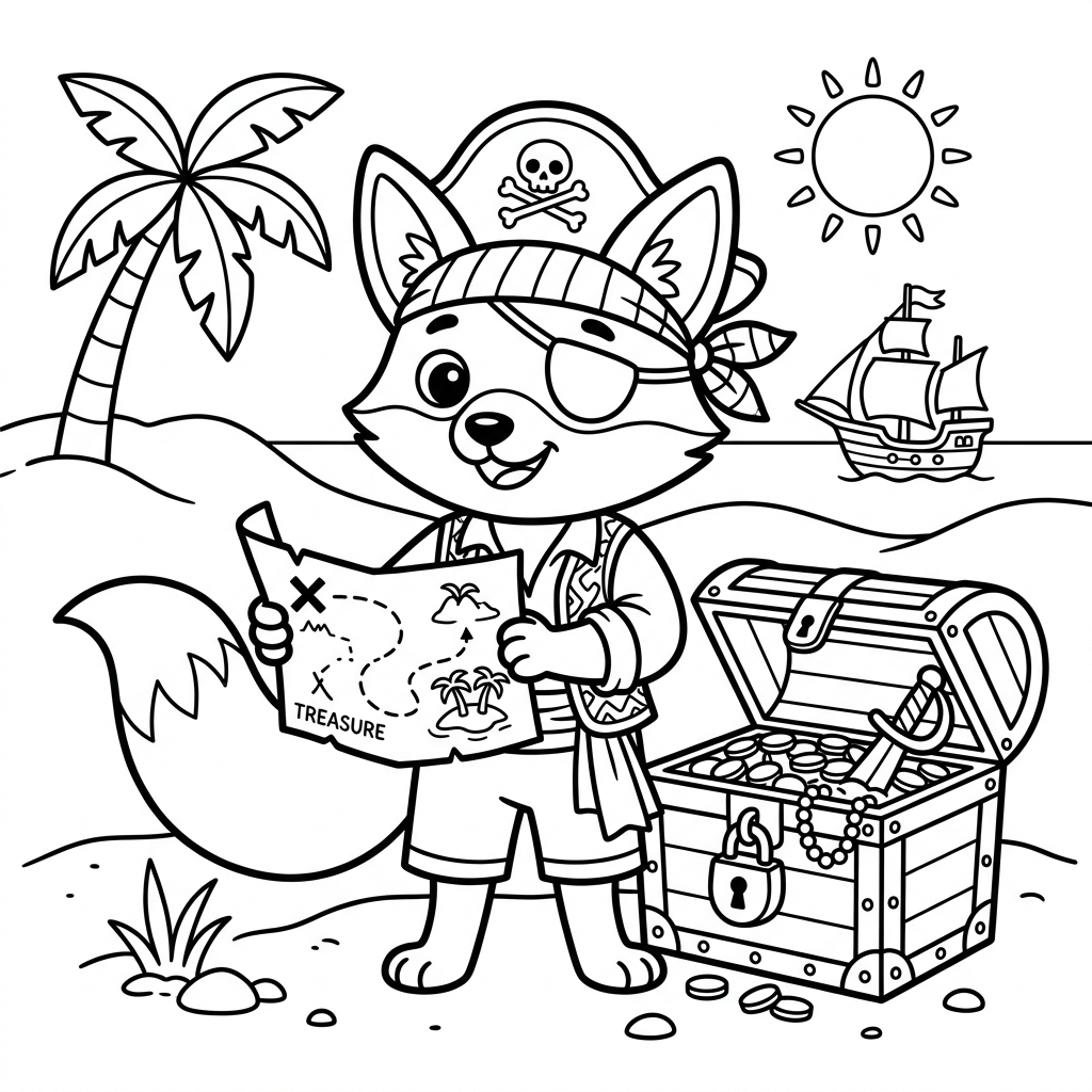 Fox Pirate Treasure coloring page for kids