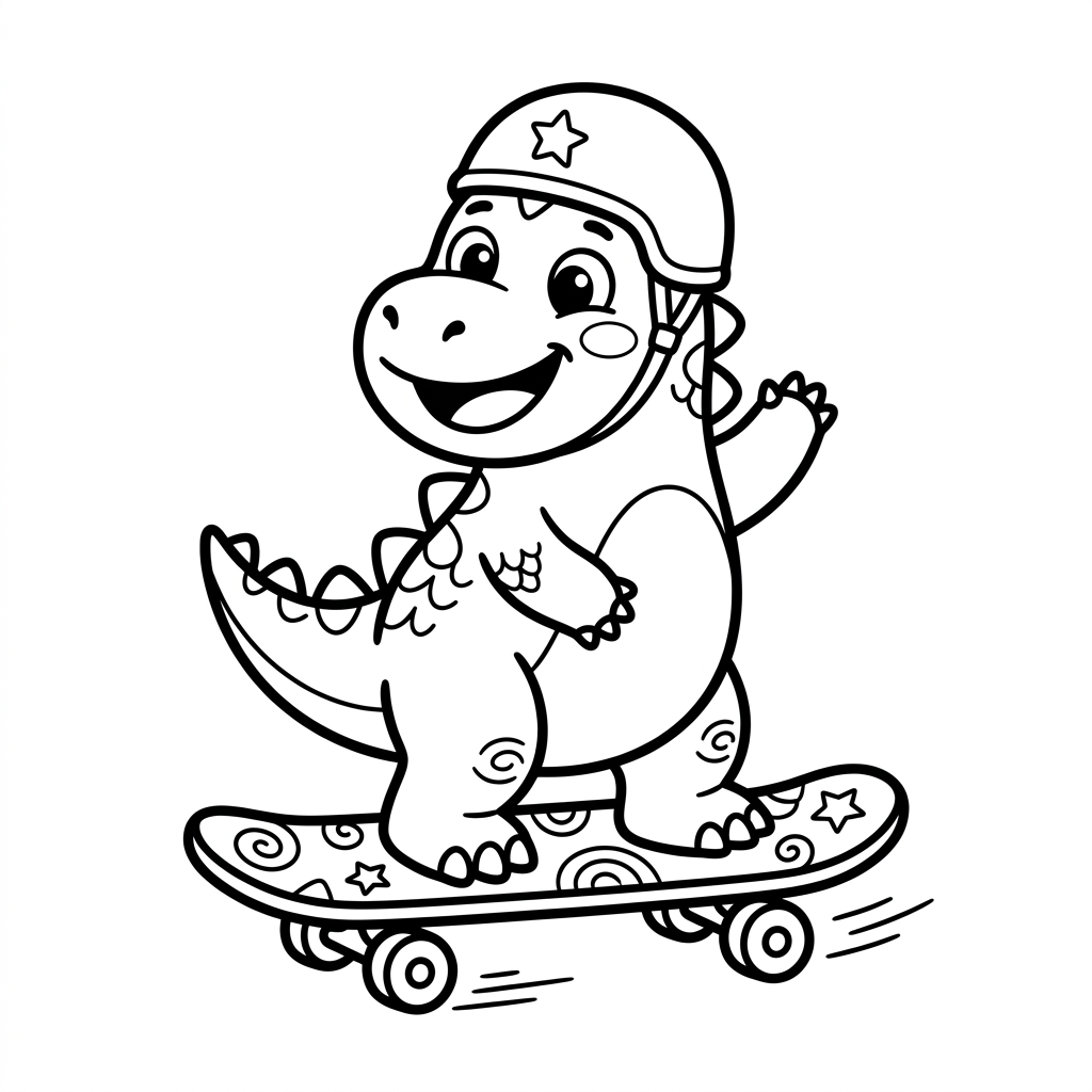 Happy Dinosaur Skateboard coloring page for kids