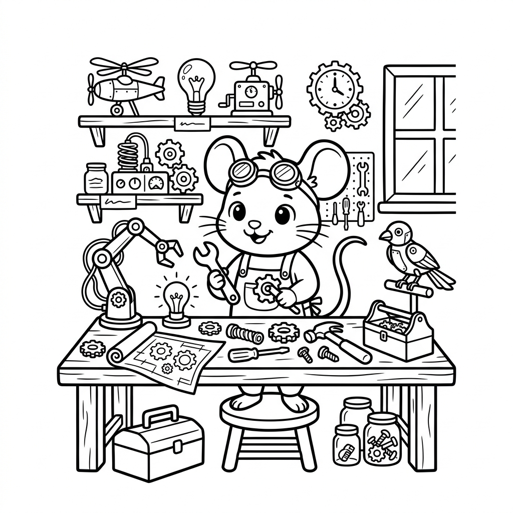 Mouse Inventor Gadgets coloring page for kids