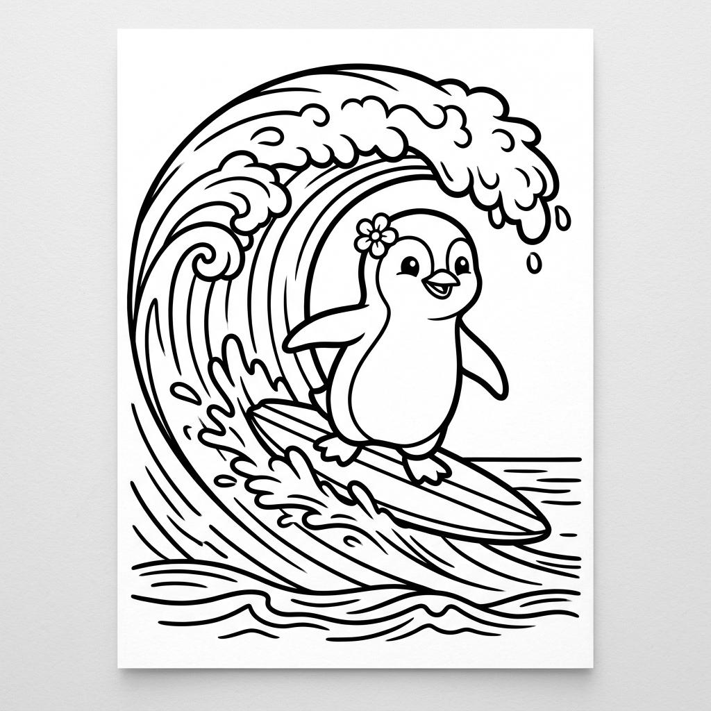 Penguin Surfing Wave coloring page for kids