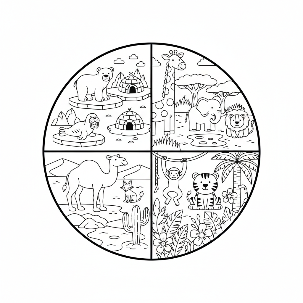 A free printable educational coloring page depicting various major animal habitats or biomes, including a desert with a camel, a lush forest with a bear, a vibrant ocean scene with fish, and an icy polar region with a polar bear, designed for kids to learn about global ecosystems.