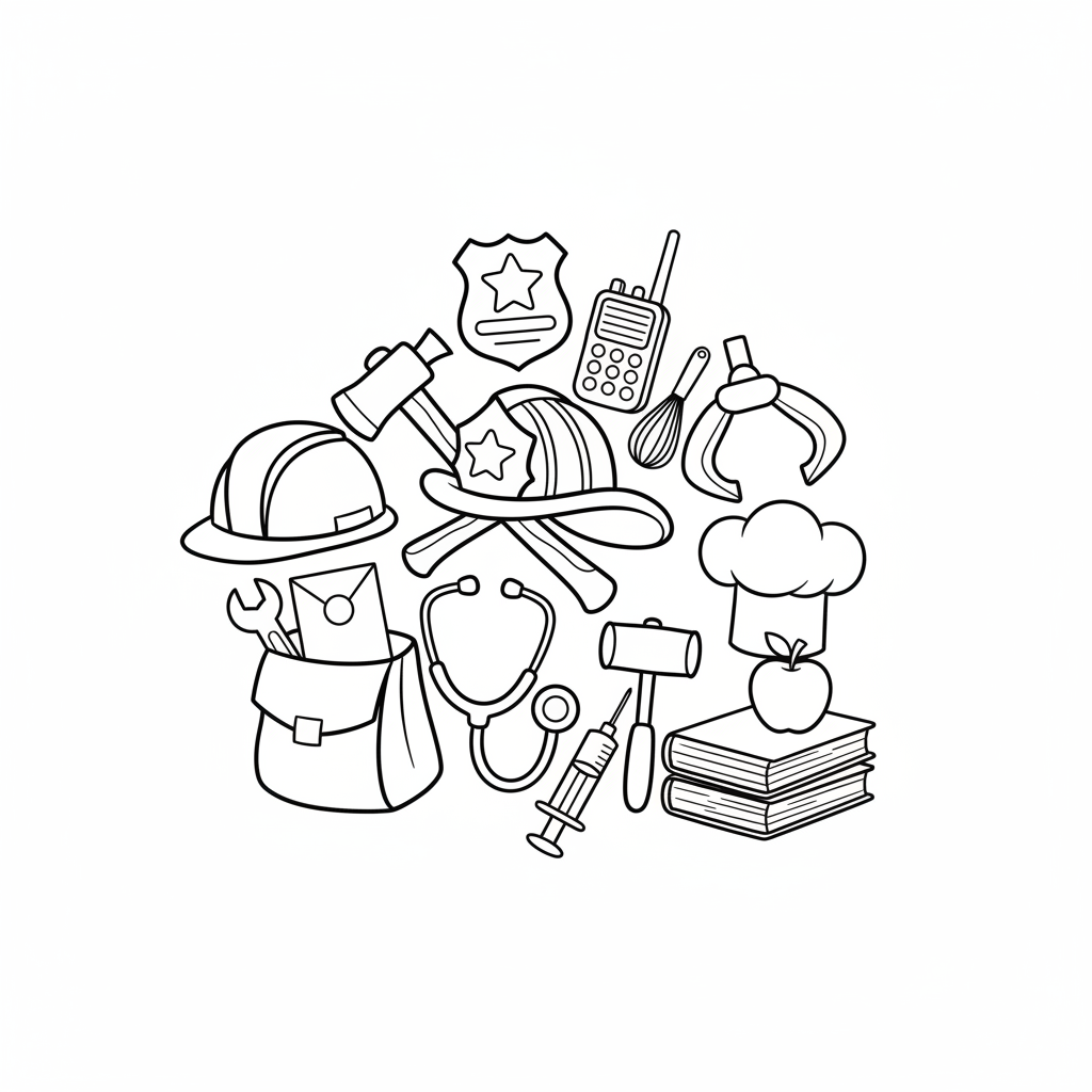 A free printable coloring page showing a collection of various tools used by community helpers, such as a stethoscope, firefighter's helmet, police badge, hammer, and paintbrush, with clear outlines for easy coloring.