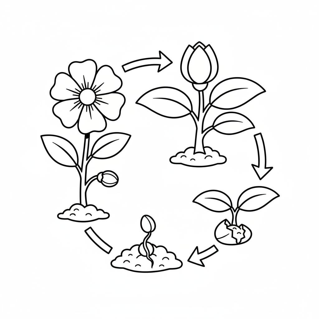 Illustration of a plant life cycle showing seed, sprout, seedling, mature plant with flower, and fruit, on a free printable coloring page for kids.