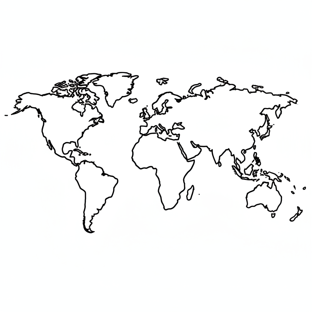 A free printable coloring page depicting a simplified world map showing the seven major continents, suitable for kids to learn basic geography.