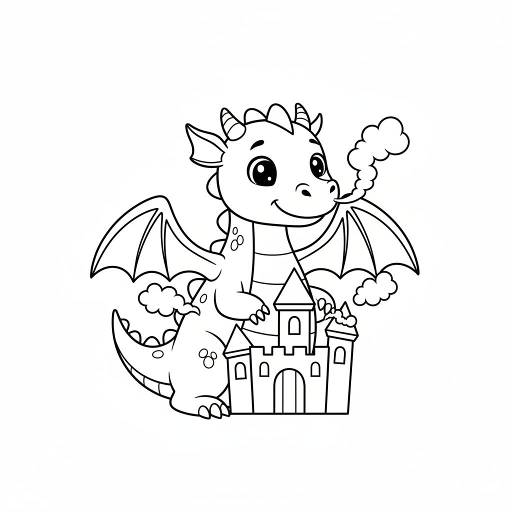 A free printable coloring page featuring a friendly, smiling dragon with large, protective wings guarding a majestic castle with tall turrets and flags under a clear sky.