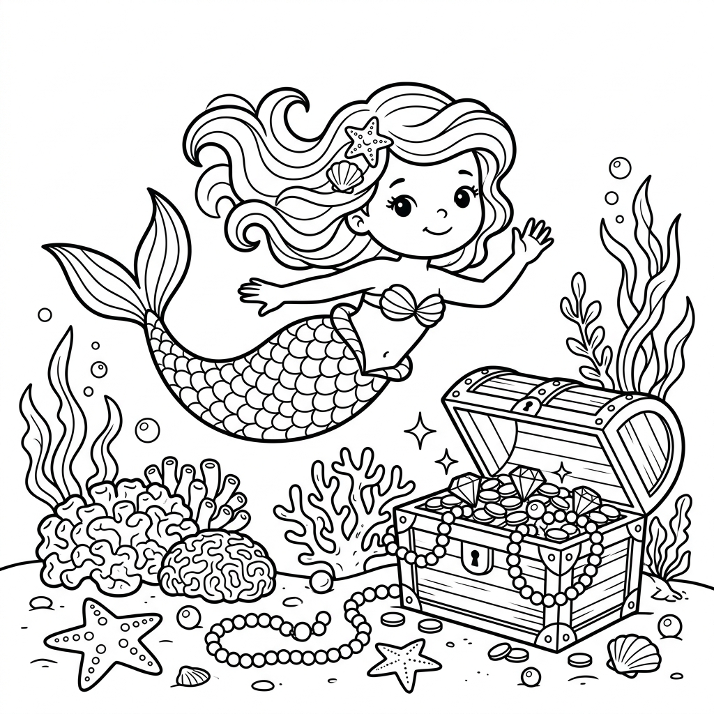 A friendly mermaid with flowing hair and a shimmering tail surrounded by an open ocean treasure chest, shells, starfish, and pearls. Free printable fantasy coloring page for kids.