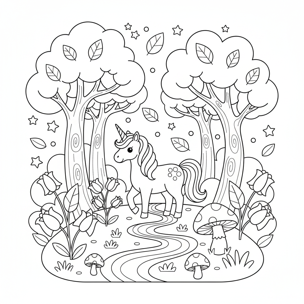 A majestic unicorn with a flowing mane and horn standing in a mystical enchanted forest, surrounded by trees, mushrooms, and flowers. Free printable fantasy coloring page for kids.