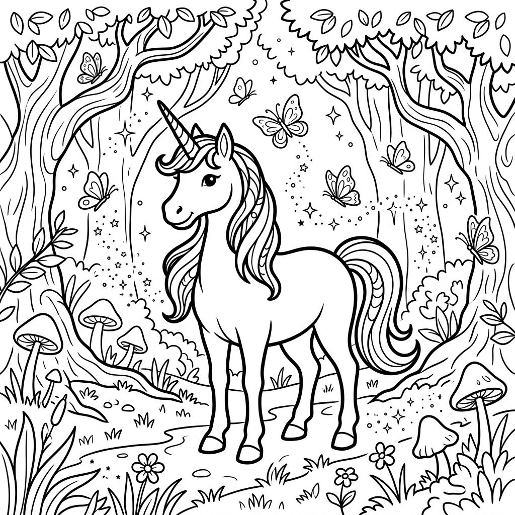 A beautiful free printable Unicorn in Mystical Forest coloring page, featuring a majestic unicorn with a flowing mane in an enchanted forest filled with glowing plants and sparkling details, perfect for kids.