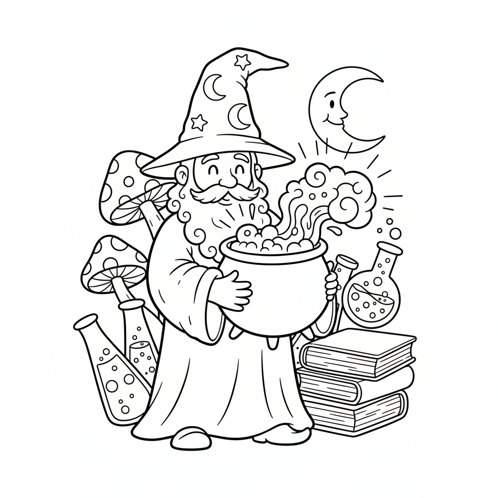 A free printable coloring page depicting a friendly wizard with a long beard and pointed hat, stirring a bubbling, glowing potion in a cauldron. Magical sparks float around in a whimsical fantasy scene.