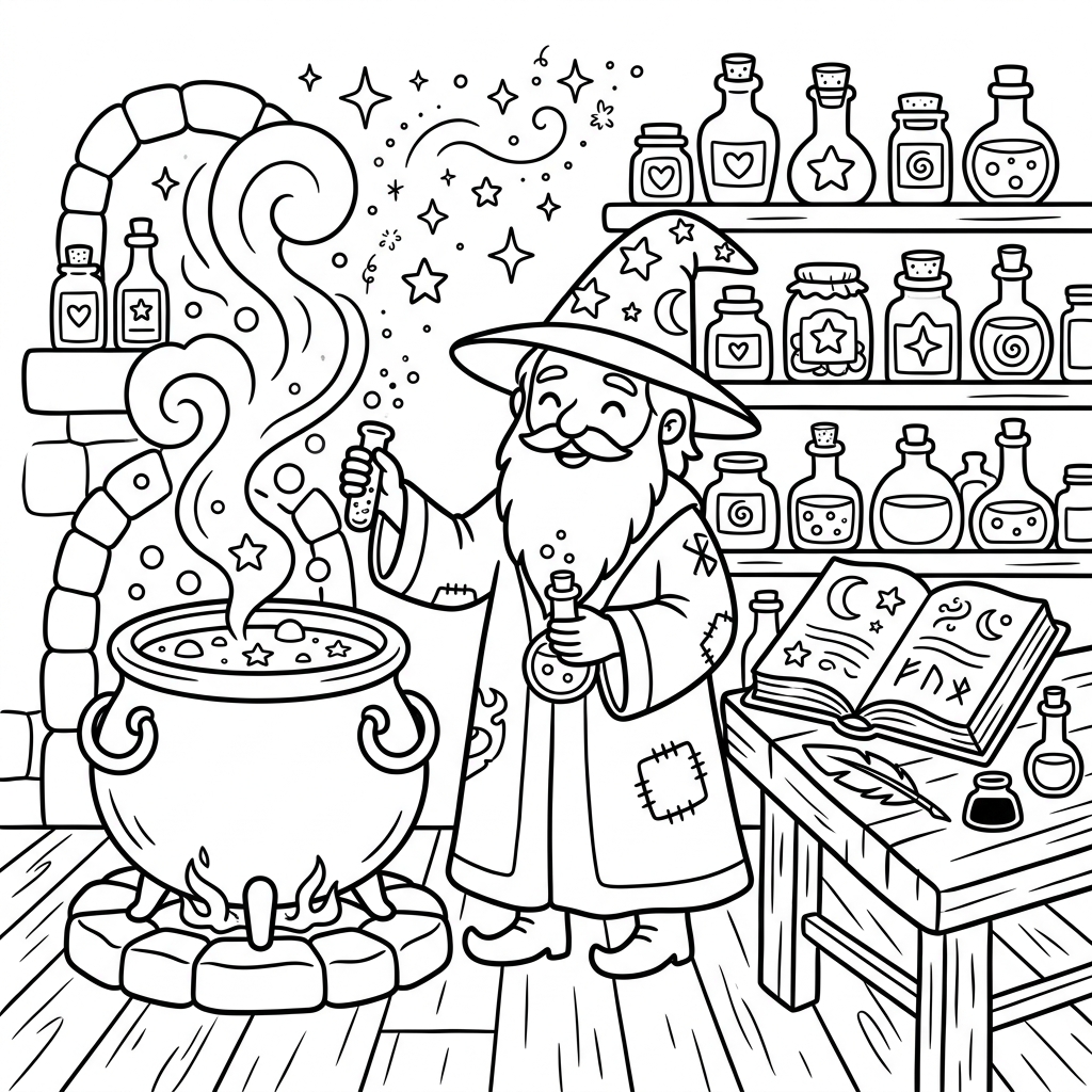 Free printable coloring page depicting a friendly wizard in his bubbling potion lab, surrounded by magical ingredients, steaming cauldrons, and enchanted bottles, perfect for kids to color.