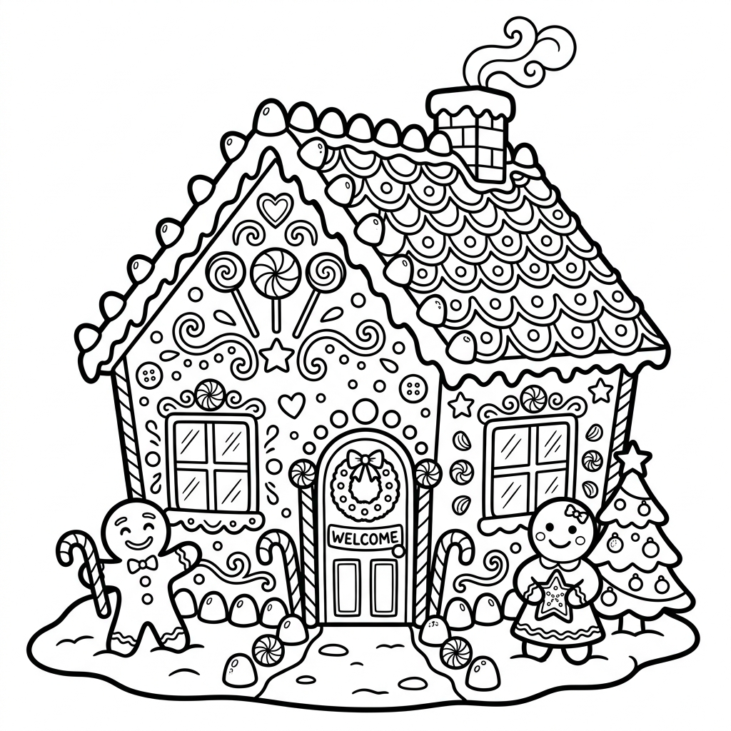 Gingerbread House Decorated coloring page for kids