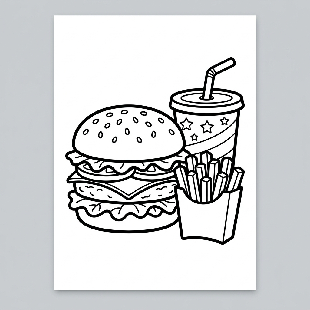 Hamburger Fries Combo coloring page for kids