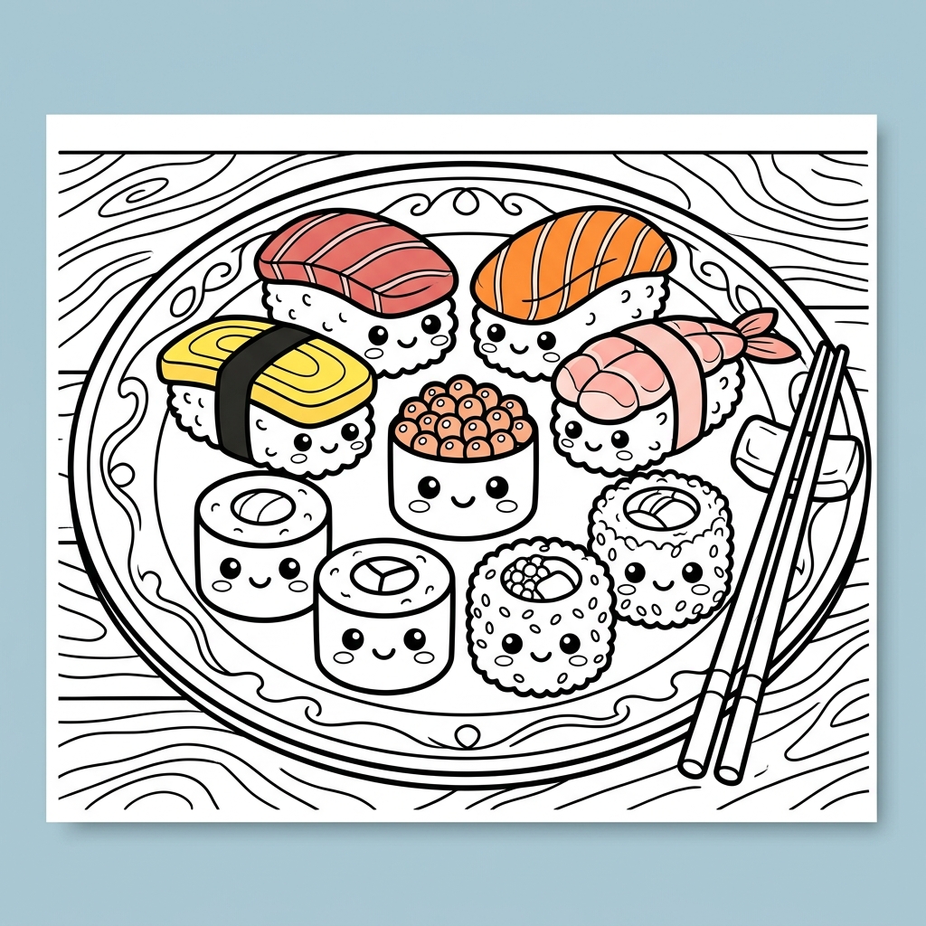 Sushi Plate Kawaii coloring page for kids