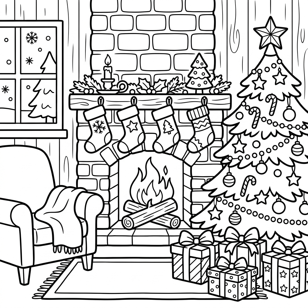 A free printable coloring page showing a cozy Christmas fireplace with several stockings hanging from the mantel, featuring simple designs perfect for kids to color.
