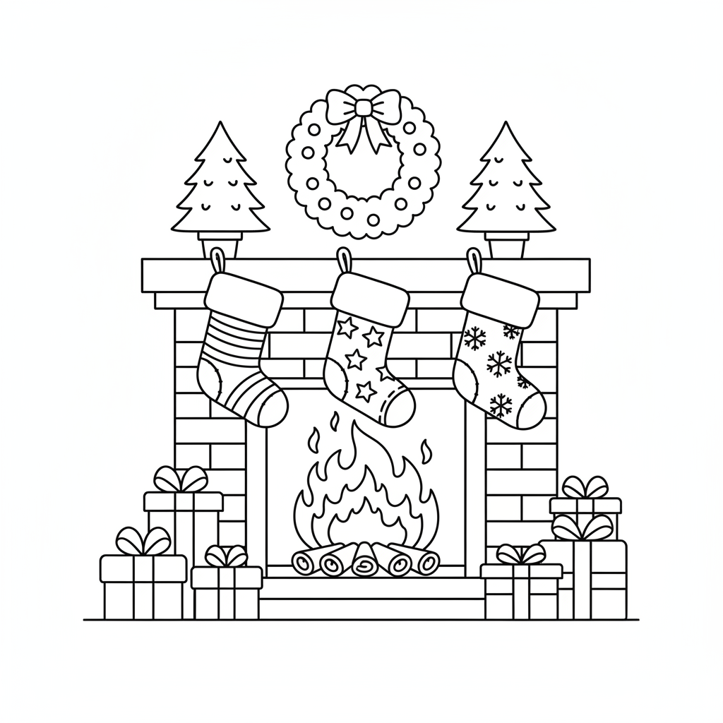 A detailed free printable coloring page showing a cozy fireplace with multiple Christmas stockings hanging from the mantelpiece, ready for Santa Claus to fill with gifts. Perfect for holiday fun.