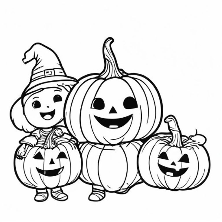 Free printable coloring page showing three cute children dressed in pumpkin costumes, holding candy buckets, ready for trick-or-treating on Halloween night with a friendly moon in the background.