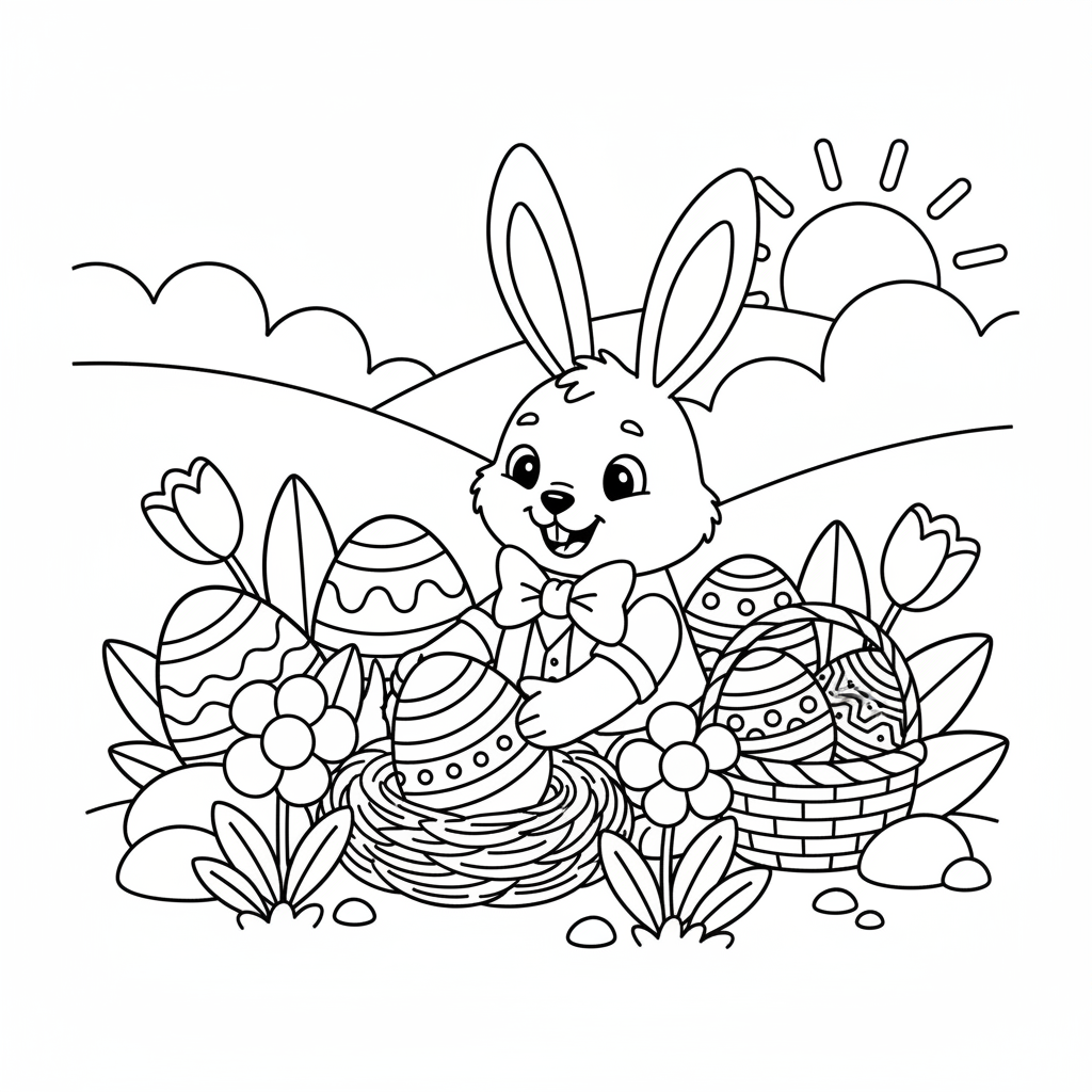 A free printable coloring page depicting an adorable Easter bunny wearing a bow, carefully hiding decorated Easter eggs amongst lush grass and blooming flowers in a cheerful spring garden.