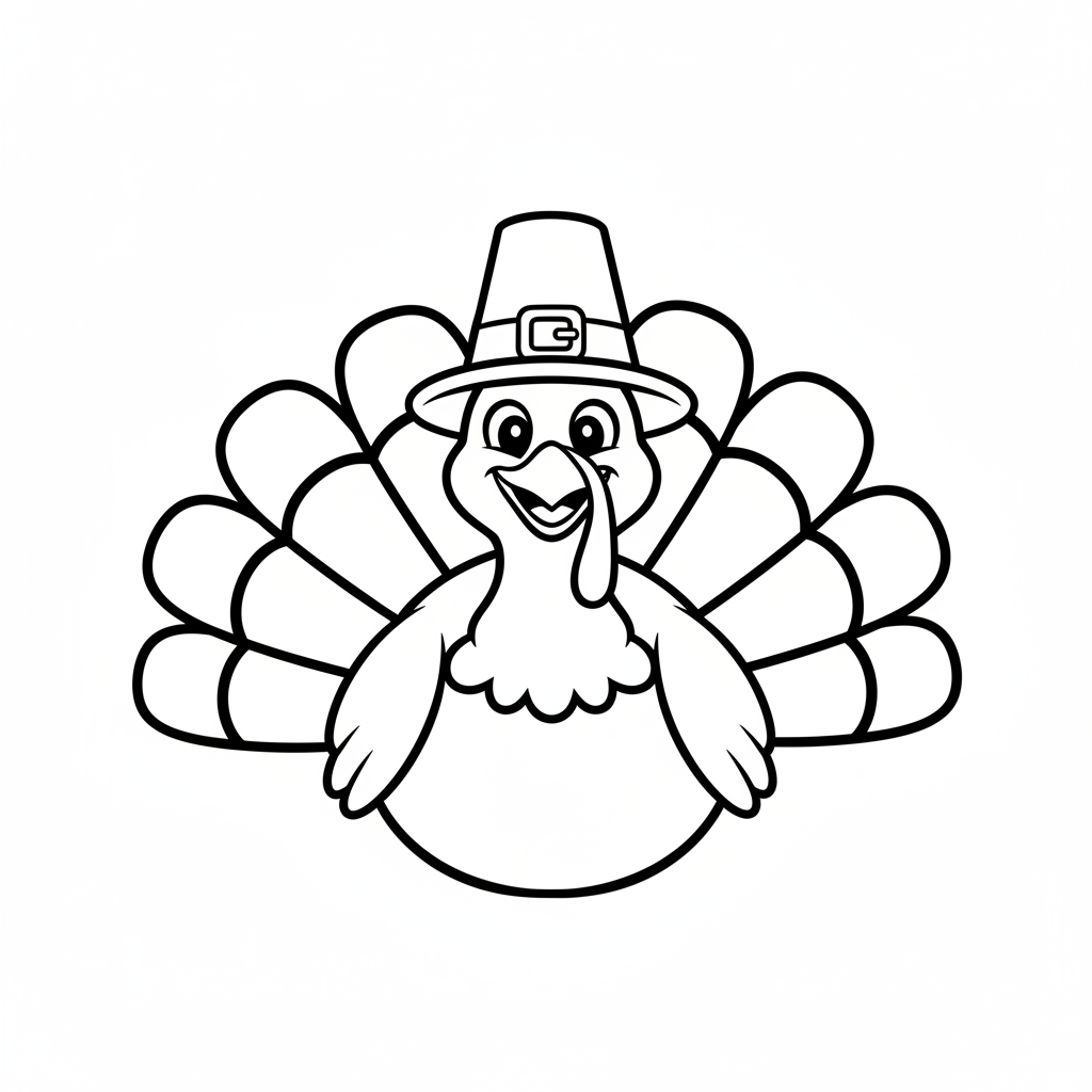 A free printable coloring page featuring a happy, cartoon-style turkey wearing a classic black pilgrim hat with a buckle. Perfect for Thanksgiving celebrations.