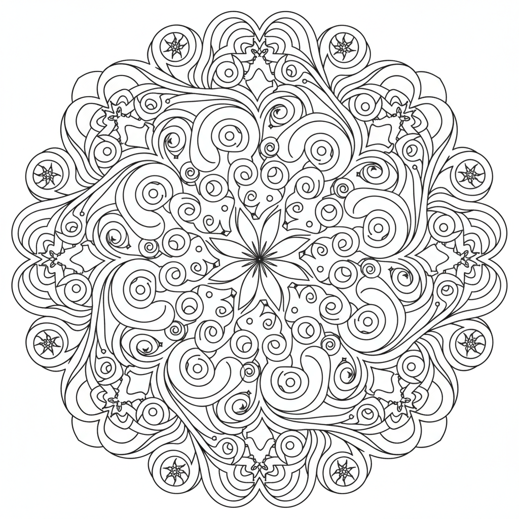 Free printable Abstract Swirls Complex Mandala coloring page for adults, featuring intricate swirling patterns, detailed geometric shapes, and organic lines for a mindful and creative coloring experience.