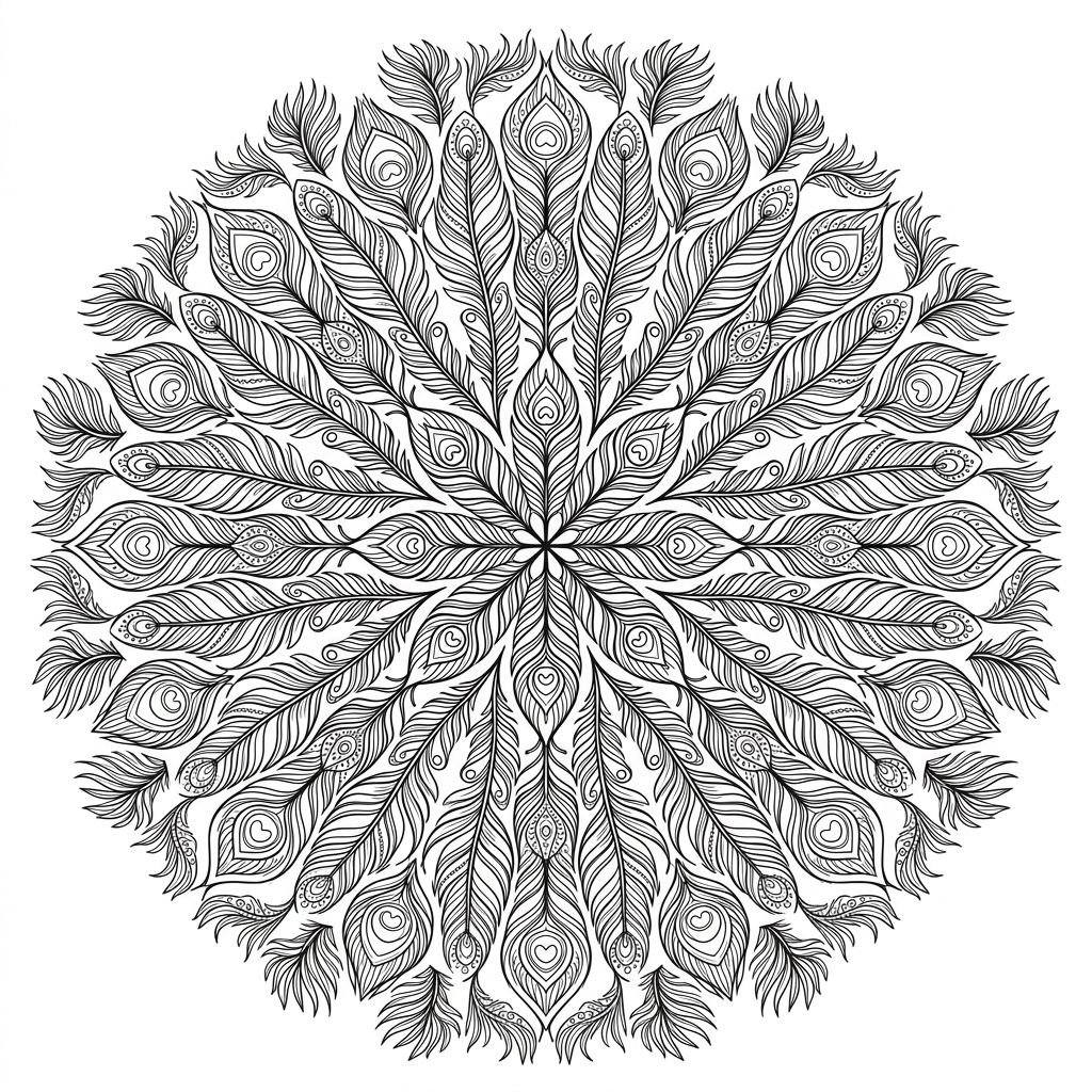 A free printable feather pattern mandala coloring page for kids, featuring an easy symmetrical design with intricate feather motifs arranged in a circular pattern, suitable for all ages.