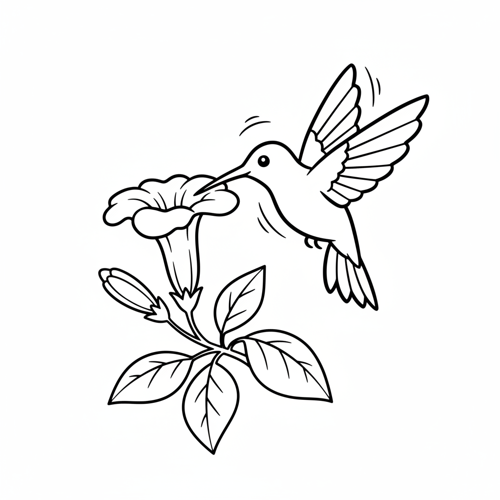A free printable coloring page showing a tiny hummingbird with a long beak sipping nectar from a vibrant flower, suitable for kids to color.