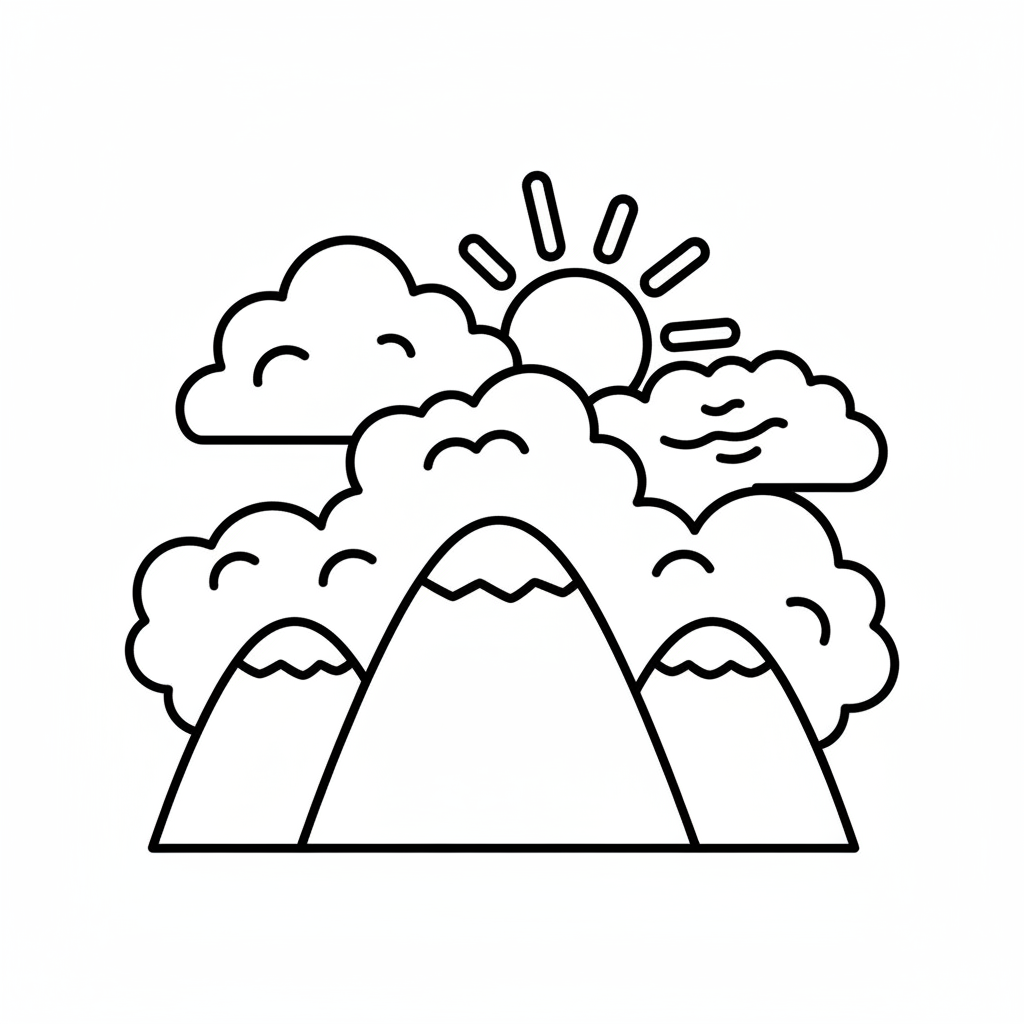 Free printable mountain landscape clouds coloring page for kids, featuring simple outlines of tall mountains, fluffy clouds, and a clear sky, designed for easy coloring.