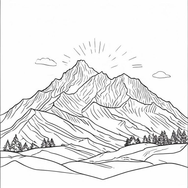 Free printable coloring page featuring a simple, easy-to-color mountain range sunrise scene with majestic peaks, a rising sun, and clouds, perfect for kids.