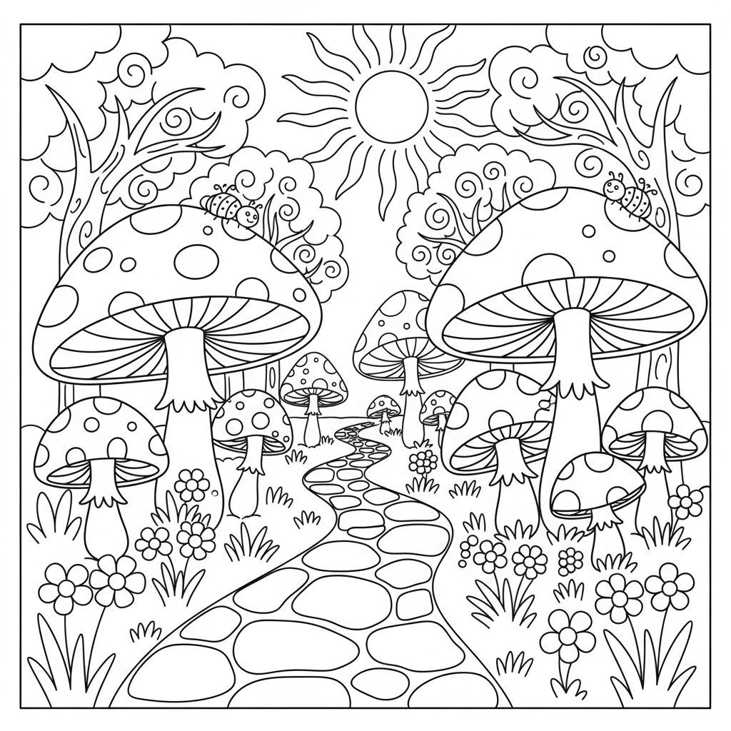 A free printable coloring page depicting a whimsical mushroom forest path with various types of fungi, winding path, leaves, and trees, perfect for kids to color.