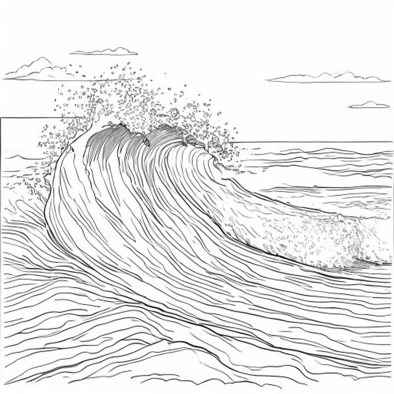 A free printable coloring page depicting an ocean sunset with large crashing waves, perfect for easy coloring by young children.