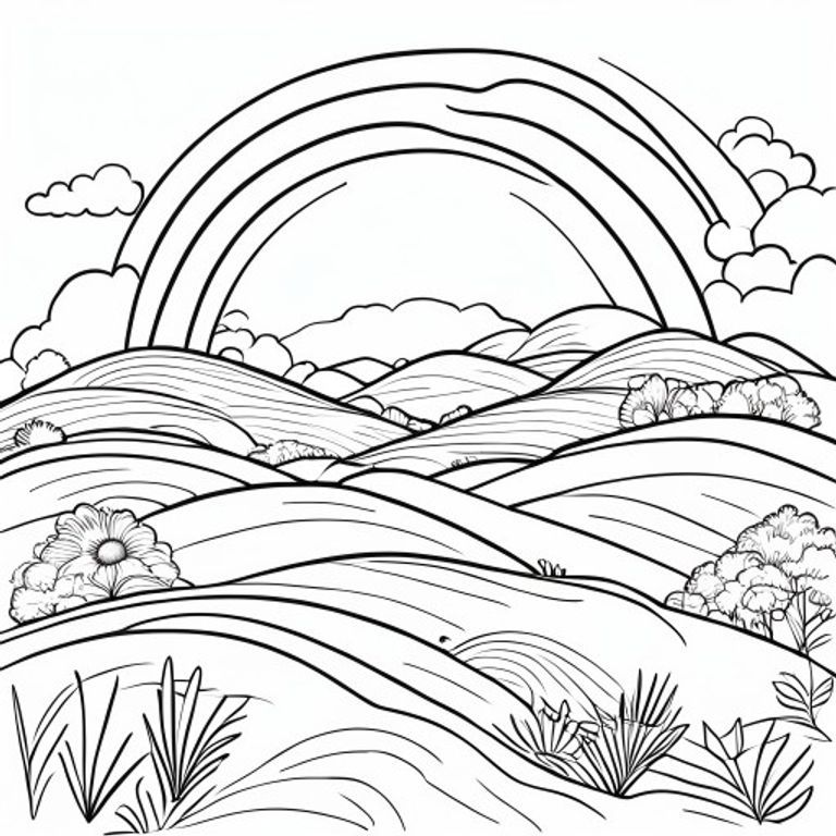 Free printable coloring page featuring a simple, charming scene of a rainbow arching over gentle, rolling green hills, perfect for kids to color.