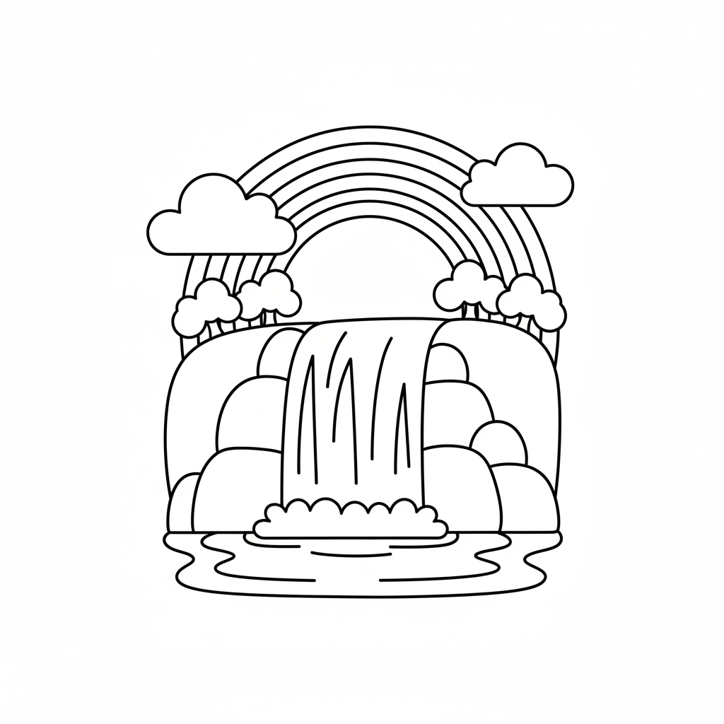 Free printable coloring page featuring a stunning rainbow arcing over a majestic waterfall with trees and rocks in the foreground, perfect for kids.