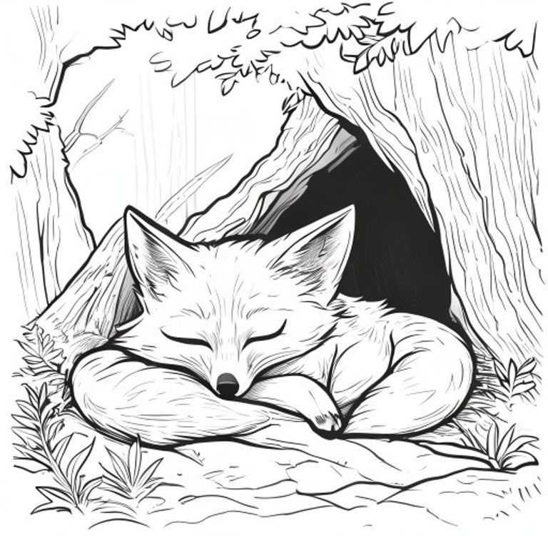 A free printable coloring page depicting a sleepy red fox curled up peacefully inside its cozy forest den, surrounded by leaves and tree roots.
